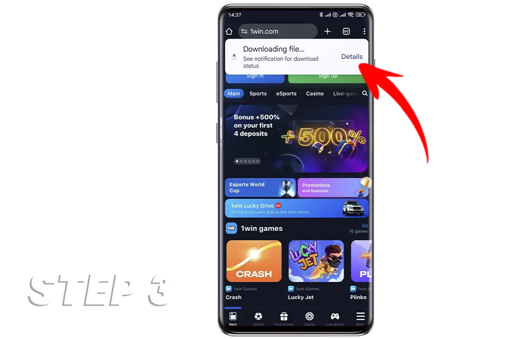 Step 3 download 1win app for Android